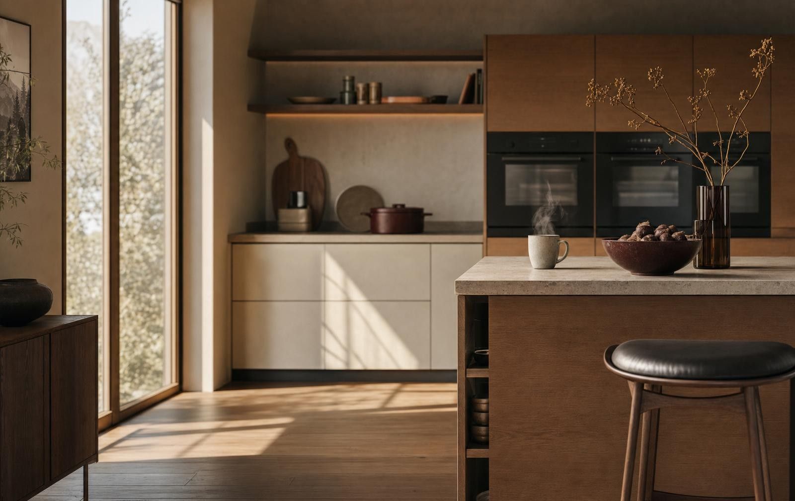 Warme, moderne Küche mit Holz- und Cremefronten, Kücheninsel und dampfender Tasse