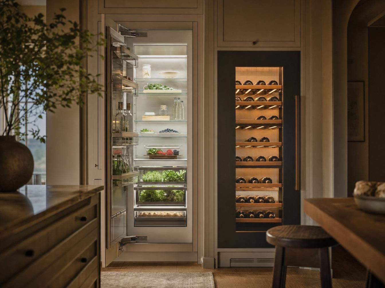 Offener Premium-Kühlschrank mit frischen Lebensmitteln neben einem Weinklimaschrank