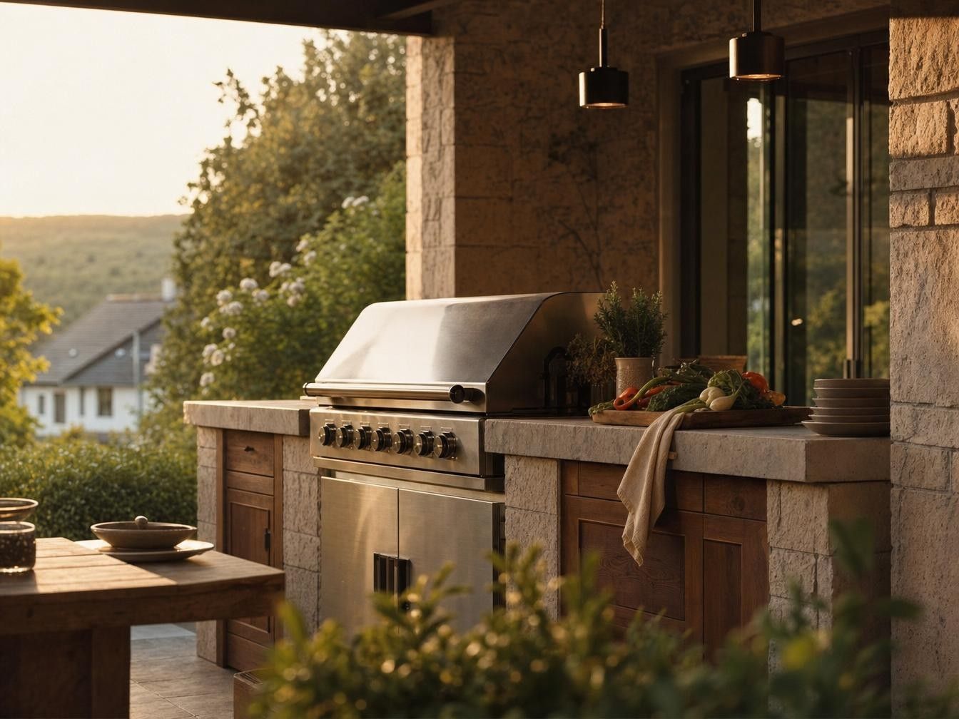 Outdoor-Küche mit Edelstahl-Grillmodul auf einer abendlichen Terrasse